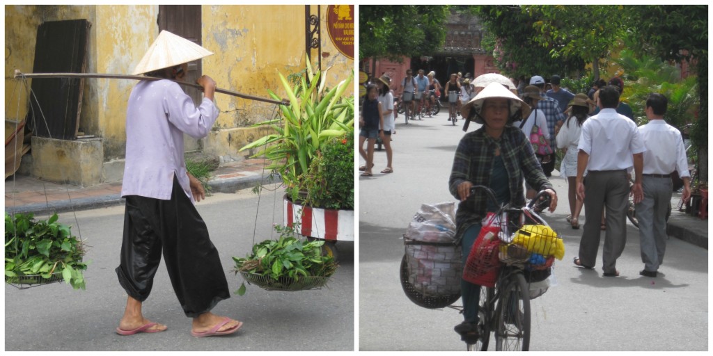 Locals biking in town and carrying goods to market