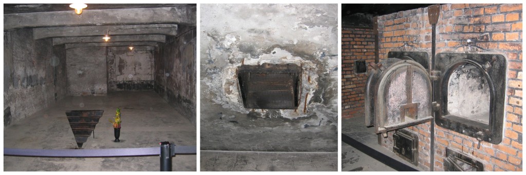 On the left, one of the gas chamber rooms.  The middle is the ceiling where the vents for the Zyklon B (a highly lethal cyanide-based pesticide) was dropped into the chamber, On the right, the furnace used to cremate the bodies.
