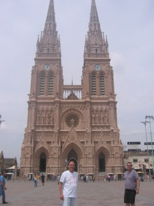 Dad and Morgan outside Lujan's largest church